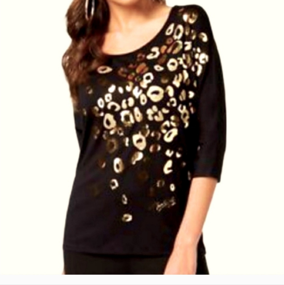 Thalia Sodi Black top gold metallic design NWOT Size L